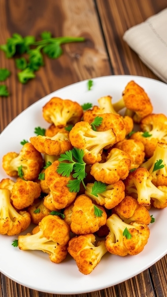 Oven-roasted cauliflower florets garnished with parsley on a white plate.
